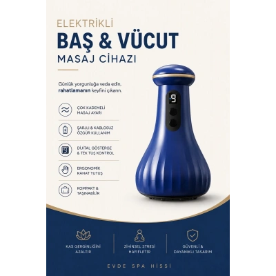 Elektrikli Baş, Vücut Masaj Cihazı Şarjlı, Dijital Göstergeli