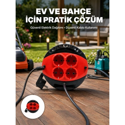 Ev ve Ofis İçin 3 Metre Kablolu 4 Priz Makarası