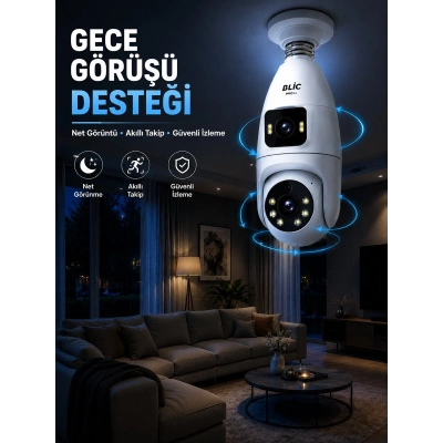 Gece Görüşlü Çift Lens Wi-Fi Ampul Kamera Mobil Takip Destekli