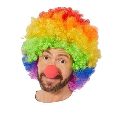HERŞEYTREND Gökkuşağı Afro Peruk ve Kırmızı Sünger Burun