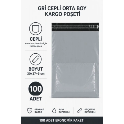 Gri Cepli Orta Boy Kargo Poşeti 30x37+5 Cm 100 Adet