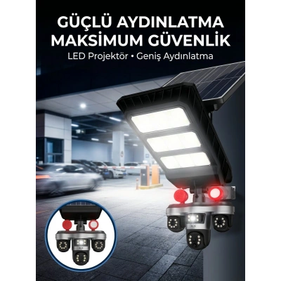 Güneş Enerjili Kablosuz Dış Mekan Güvenlik Kamerası Gece Görüşlü LED Projektörlü