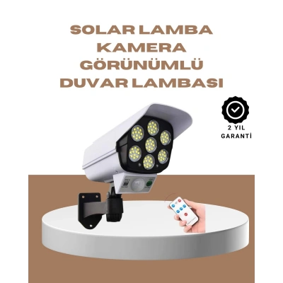 Güneş Enerjili LED Lamba + Güvenlik Kamerası Görünümlü– 5-8 m Hareket Algılamalı, Beyaz Işık