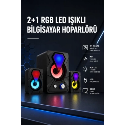 HERŞEYTREND 2+1 RGB LED Işıklı Güçlü Bas Sistemli Bilgisayar Hoparlörü