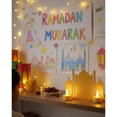 HERŞEYTREND 3D Cami Masa Üstü Dekor 2 Pilli LED Mumlu Hediye Set