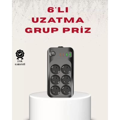 HERŞEYTREND 6’lı Grup Priz Termal Korumalı USB Type-C Çoklu Priz 2 Metre Kablo