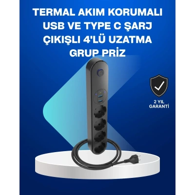 HERŞEYTREND Akıllı Akım Dengelemeli 4’lü Çoklu Priz Type-C ve USB Çıkışlı