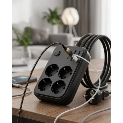 HERŞEYTREND Akım Korumalı Çoklu Priz 4 USB 2 Type C 4 Priz Güvenli ve Hızlı Şarj