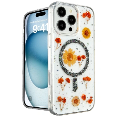 HERŞEYTREND Apple İphone 16 Pro Kılıf Daisy Simli Magsafe Kapak - Siyah