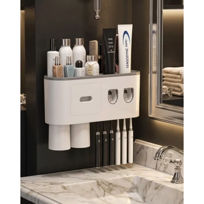 HERŞEYTREND Çift Dispenserli Diş Macunu Sıkacağı 6 Fırçalık Bardaklı Banyo Organizer