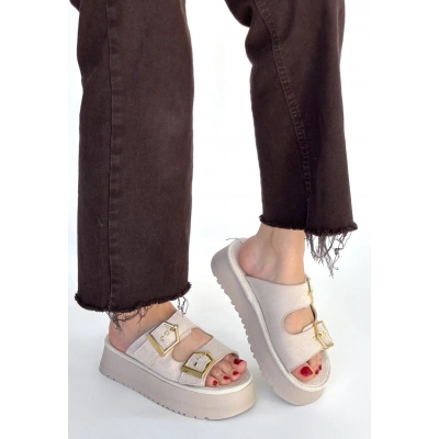 HERŞEYTREND Coer Bej Süet Çift Tokalı Terlik