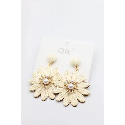 HERŞEYTREND Hasır Çiçek Küpe - Krem