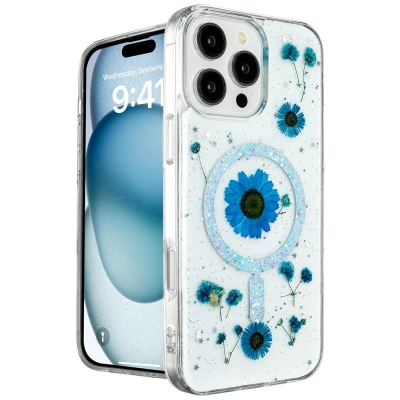 HERŞEYTREND İphone 16 Pro Kılıf Daisy Simli Magsafe Kapak - Mavi