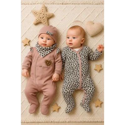 HERŞEYTREND Leopar Desenli Kız Bebek 4lü Tulum Seti