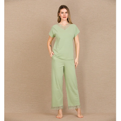 HERŞEYTREND  Pamuklu Şık Tasarım Dantel İşlemeli Yeşil Kısa Kol Pijama Takımı