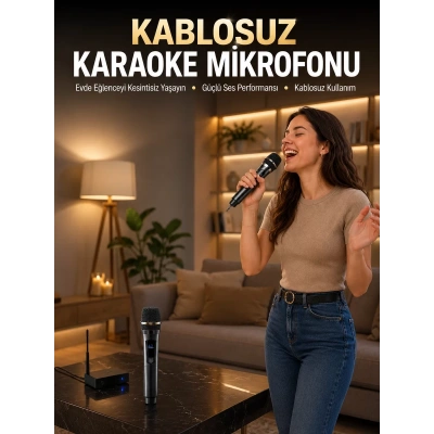 HERŞEYTREND Profesyonel Kablosuz Mikrofon Seti Çift Mikrofonlu