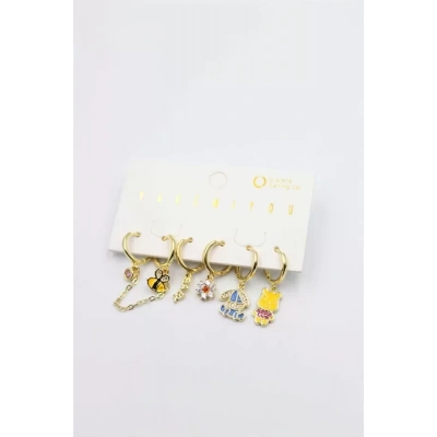 HERŞEYTREND Renkli Taşlı Set Küpe - Altın