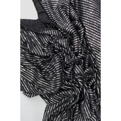 HERŞEYTREND Sakallı Çizgili Pullu Kumaş  Pullu Payet Kumaş Abiye Nişan Düğün Siyah