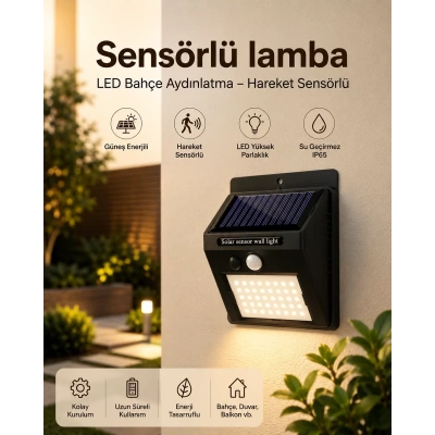 HERŞEYTREND Sensörlü, Güneş Enerjili LED Duvar Lambası Bahçe ve Balkon Aydınlatma