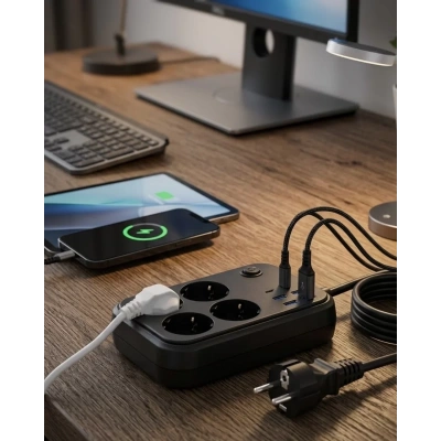 HERŞEYTREND Termal Korumalı Uzatma Kablosu 4 Priz USB ve Type C Çoklu Şarj İstasyonu