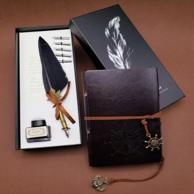 HERŞEYTREND Toptan Tüylü Kalem ve Deri Defter Set