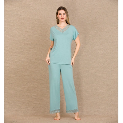 HERŞEYTREND  Viskon Şık Tasarım Dantel İşlemeli Mint Yeşil Kısa Kol Pijama Takımı