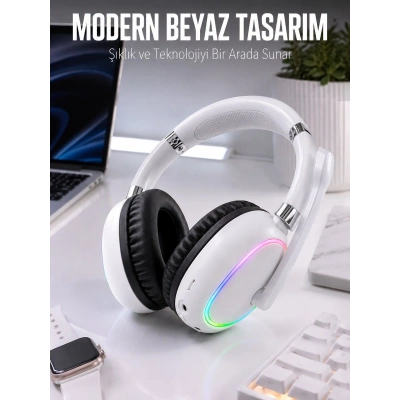 Kablosuz Bluetooth Mikrofonlu Beyaz Kulaklık  RGB Işıklı