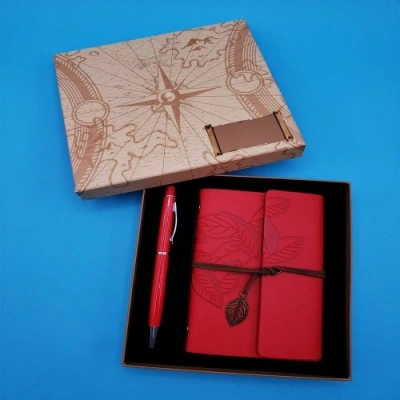 HERŞEYTREND Özel Tasarım Kutulu Kırmızı Deri Defter ve Kırmızı Kalem Set