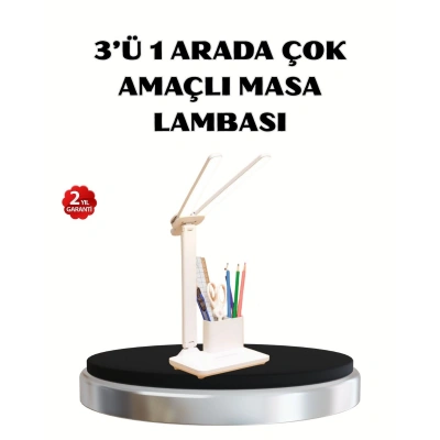 Kalemlik ve Telefon Standlı Masa Lambası – Kısılabilir LED Işık, Göz Dostu Tasarım
