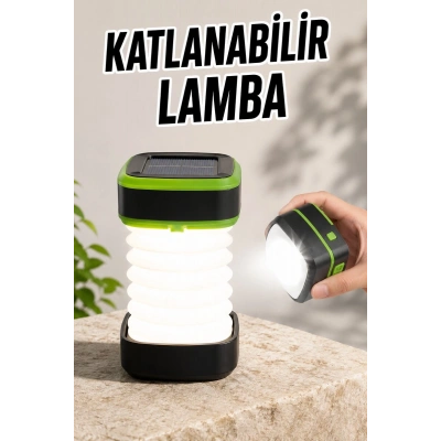 Katlanabilir Kamp Lambası Solar Fener Görünümlü 3 Kademeli Şarjlı
