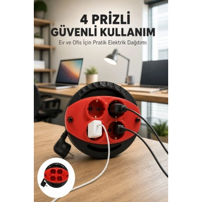 Kırmızı Renk 5 Metre 4’lü Kablolu Priz Makarası