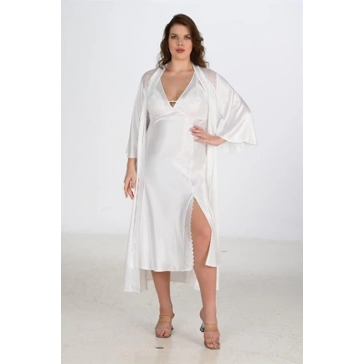 Litae Premium Büyük Beden Saten Dantel İşlemeli Ekru Uzun Yırtmaçlı 2li Gecelik Sabahlık Takımı Bigsize