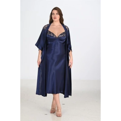 Litae Premium Büyük Beden Saten Dantel İşlemeli Lacivert Uzun 2li Gecelik Sabahlık Takımı Bigsize