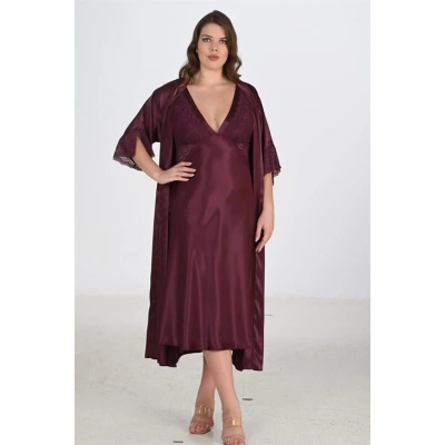 Litae Premium Büyük Beden Saten Dantel İşlemeli Mürdüm Uzun 2li Gecelik Sabahlık Takımı Bigsize