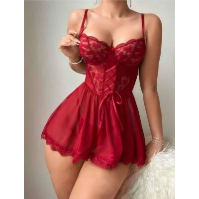 Litae Bordo Dantel İşlemeli Tül Fantezi Gecelik