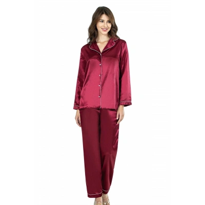 HERŞEYTREND  Bordo İkili Saten Gecelik Pijama Takımı 7647
