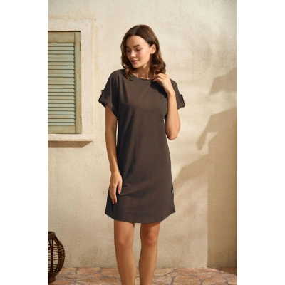 Litae Günlük Kısa Kol Bisiklet Yaka Cotton Düz Yazlık Kısa Kahve Pijama Takımı