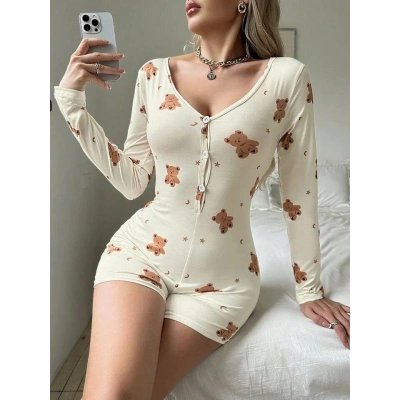 Litae Pamuklu Ekru Ayıcık Desenli Düğmeli Tulum Pijama