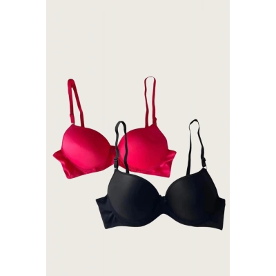 Litae Siyah-Kırmızı 2li Mikro Kumaş İçi Boş Balenli Günlük Desteksiz Sütyen