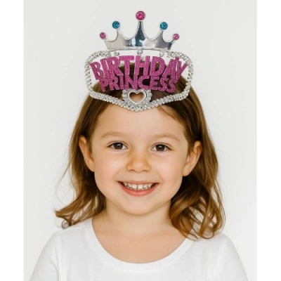 Litae Trend Gümüş Renk Taç Üzeri Pembe Birthday Prenses Yazılı Çocuk Parti Tacı