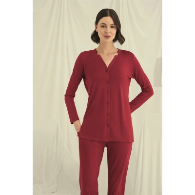 HERŞEYTREND  Uzun Kollu Boydan Düğmeli V Yaka Pijama Takımı