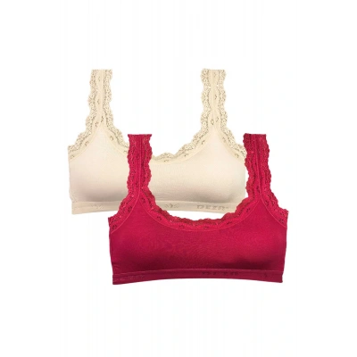 HERŞEYTREND 2 Adet Dantel Nakış İşlemeli Pedli Bambu Kadın Büstiyer Krem Bordo