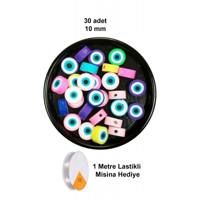 LitaeTrend 30 Adet 10 mm Polimer Kil Fimo Boncuk Takı Bileklik + 1 Metre Lastikli Misina Hediye - Nazar Boncuğu