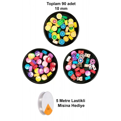 LitaeTrend 90 Adet 10 mm Polimer Kil Fimo Boncuk Takı Bileklik + 5 Metre Misina Hediye - Yin Yang - Karışık - Limon