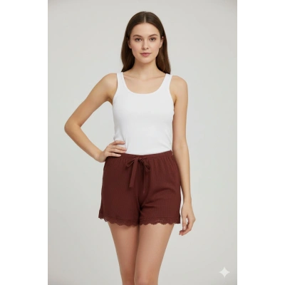 HERŞEYTREND Bambu Fitilli Kadın Ev Şortu Bacak Dantel Detaylı Ev Giyim Koyu Taba