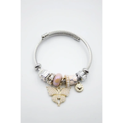 LitaeTrend Çelik Charmlı Kelebek Bileklik - Pembe