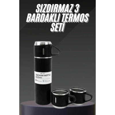 HERŞEYTREND Termos Seti Paslanmaz Çelik 3 Bardaklı Vakumlu Termos Set 500 Ml 12 Saate Kadar Isı Koruma
