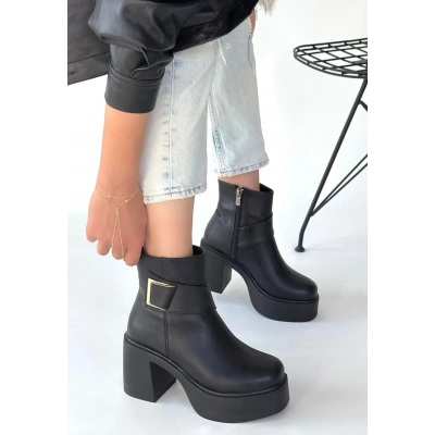 HERŞEYTREND Lonji Siyah Cilt Topuklu Bot