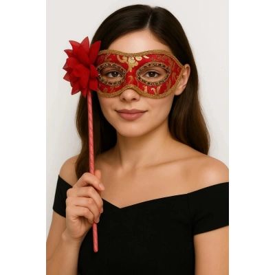 Lüks Taşlı Saplı Maskeli Balo Maskesi Kırmızı Renk 35 Cm