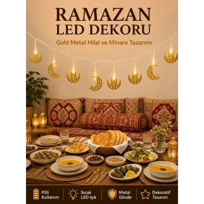 Minareli Hilal LED Işık Gold Metal Gövdeli Pilli Ramazan Dekoru